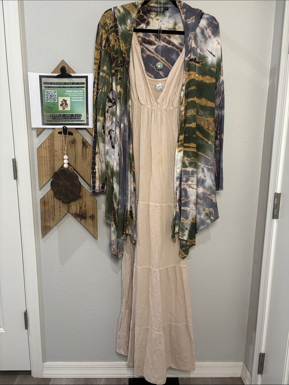 Boho Beige Maxi Dress with Green Tie-Dye Cardigan